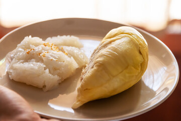 Thai sweet sticky rice with durian. Thai style tropical dessert, glutinous rice eat with durian.