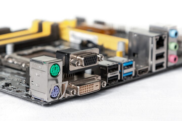 The back of the computer motherboard with DVI and VGA connectors for connecting a monitor.