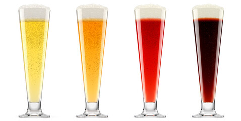 Set of glasses of fresh beer with bubble froth isolated on white background.