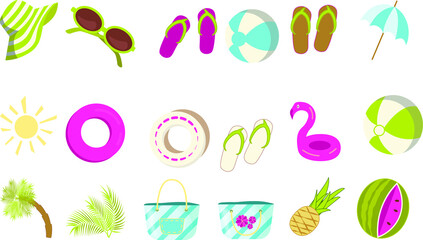 Clipart with icon pack of summer beach vacation accessories: flip flops, beach bag, palm tree, inflatable ring, pink flamingo, sunglasses, beach umbrella, sun hat