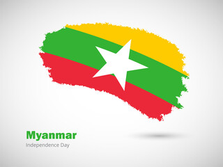 Happy independence day of Myanmar with artistic watercolor country flag background. Grunge brush flag illustration