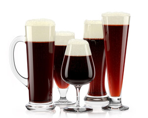 Set of fresh stout beer glasses with bubble froth isolated on white background.