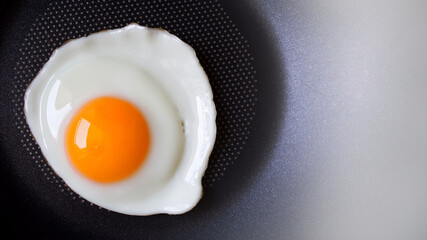 Top view of, Fried egg and Fresh yolk yellow uncooked in pan background with copy space,...