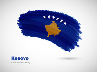 Happy independence day of Kosovo with artistic watercolor country flag background. Grunge brush flag illustration