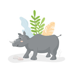 Cute smiling rhinoceros. Big wild african animal. Happy character with tropical leaves on background. Vector kids print, nursery illustration.