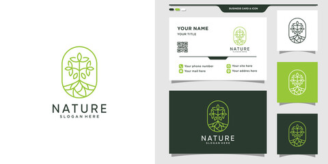 Nature logo with line art style and business card design Premium Vector