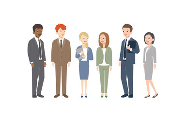 Business multinational team. Vector illustration of diverse cartoon men and women in office outfits. Isolated on white background. Colorful vector illustration in flat style