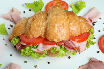 Croissant sandwich and ingredients on white background, close up