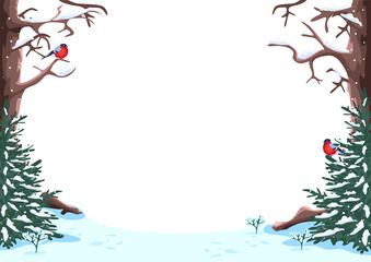 Obraz premium Vector illustration of a fairy tale Winter background frame from trees, snow and centers in cartoon style on a white background.