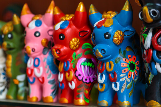 Peruvian handicrafts: Baked and hand painted ceramic ornaments, locally called  "Toritos of Pucara"