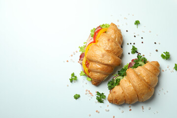 Concept of tasty eating with croissant sandwiches, space for text