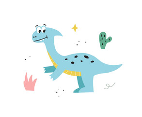 Cute hand drawn dinosaur. Funny cartoon dino. Vector kids illustration.