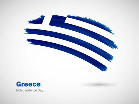 Happy independence day of Greece with artistic watercolor country flag background. Grunge brush flag illustration