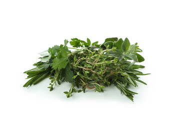 Fresh green herbs isolated on white background