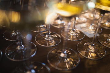 transparent glasses with champagne in a restaurant close-up