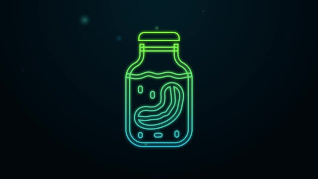 Glowing neon line Sea cucumber in jar icon isolated on black background. Marine food. 4K Video motion graphic animation