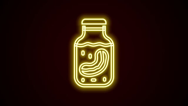 Glowing neon line Sea cucumber in jar icon isolated on black background. Marine food. 4K Video motion graphic animation