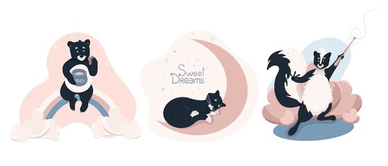 Set of cliparts with cute animals, skunks with a magic wand, cat sleeping on the moon, bear sitting on a rainbow and eating honey, cute baby vector illustration in flat style, horizontal position.