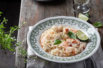 italian seafood risotto with shrimp and squid