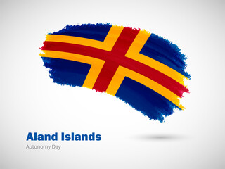 Happy autonomy day of Aland Islands with artistic watercolor country flag background. Grunge brush flag illustration