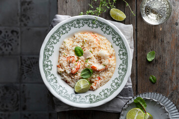 italian seafood risotto with shrimp and squid