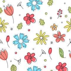 Elegant seamless pattern with gorgeous blooming spring flowers hand drawn with contour lines on white background. Natural vector illustration for fabric print, wallpaper, wrapping paper, backdrop.