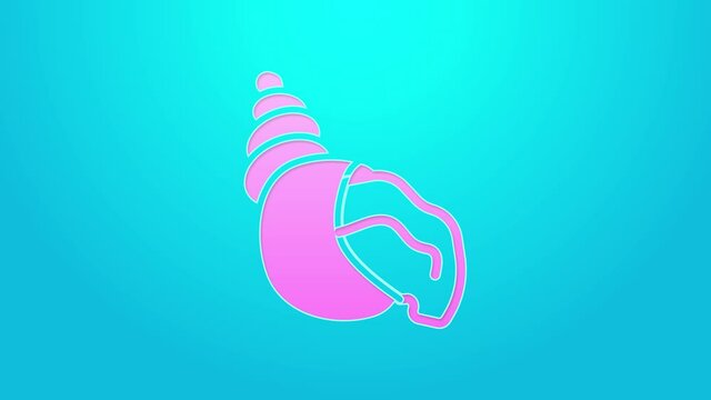 Pink line Scallop sea shell icon isolated on blue background. Seashell sign. 4K Video motion graphic animation