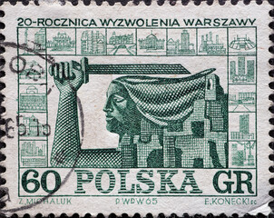 POLAND-CIRCA 1965 : A post stamp printed in Poland showing a graphic woman with sword: The 20th...