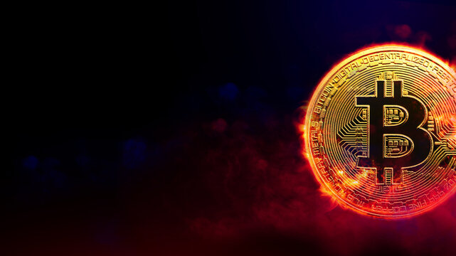 Burning golden bitcoin coin in red smoke background. cryptocurrency concept