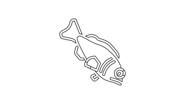 Black line Fish icon isolated on white background. 4K Video motion graphic animation