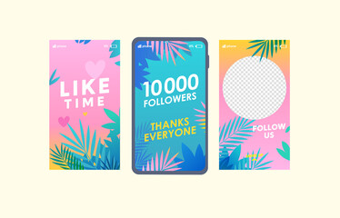 Trendy Follow us social media stories templates set. Like time, 10k followers congratulation social network, promotional. SMM, Internet advertisement for stories, streaming, personal blog, shop cover.