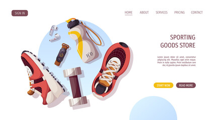 Sneakers, dumbbell, bottle, earphones, sports watch. Sport, fitness, training, sportswear, sport equioment, workout concept. Vector illustration for poster, banner, website, advertising. © TatyanaYagudina