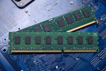 Computer memory RAM on motherboard background . Close up. system, main memory, random access...