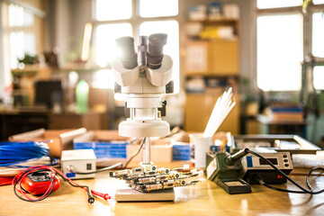 Modern microscope, electronic components in a scientific laboratory
