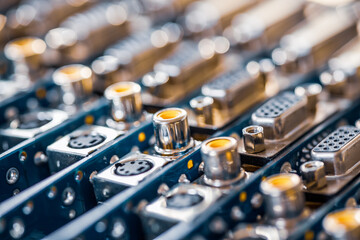 Close-up blurry metal sockets on a computer video board