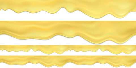 Set of realistic vector seamless melted cheese or cheese fondue.Flowing down liquid cheese horizontal border.Realistic Butter Or Cheese Cream Drops Or Waves.