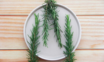 sprigs of spicy herb rosemary with sharp leaves