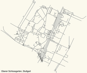 Black simple detailed street roads map on vintage beige background of the quarter Oberer Schlossgarten of district Mitte of Stuttgart, Germany