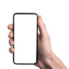 Mock up, mockup.Man hand holding the black smartphone with frame less blank screen and modern frameless design,vertical - isolated on white background.Clipping path.UI design interface