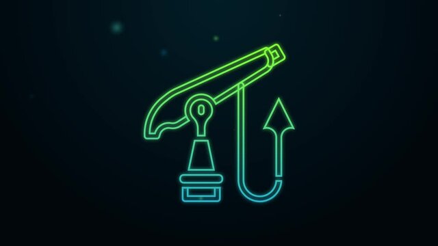 Glowing neon line Fishing harpoon icon isolated on black background. Fishery manufacturers for catching fish under water. Diving underwater equipment. 4K Video motion graphic animation