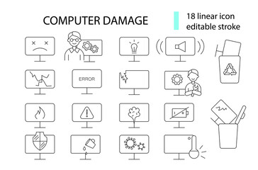 Computer problems outline icons set. Notebook repairs. Computer damage. Editable stroke.