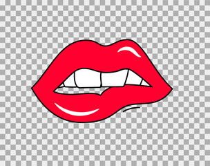Bitting red lips with dripping paint. Vector illustration on transparent background