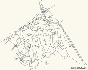 Black simple detailed street roads map on vintage beige background of the quarter Berg of district Ost of Stuttgart, Germany