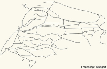 Black simple detailed street roads map on vintage beige background of the quarter Frauenkopf of district Ost of Stuttgart, Germany