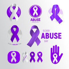 Elder abuse awareness day icon set, purple ribbon collection, domestic violence campaign symbol, elderly problem emblem, vector illustration.