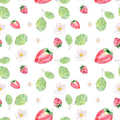 Fototapeta na wymiar Watercolor illustration. Seamless pattern of ripe strawberries and flops elements on a white background. Seamless design for print, fabric, background, etc.