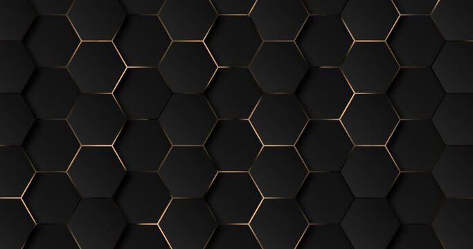 4k Abstract luxury black grey gradient background with futuristic hexagon golden grid. Carbon with gold metallic stripes. Geometric sci-fi graphic motion animation. Seamless loop dark elegant backdrop