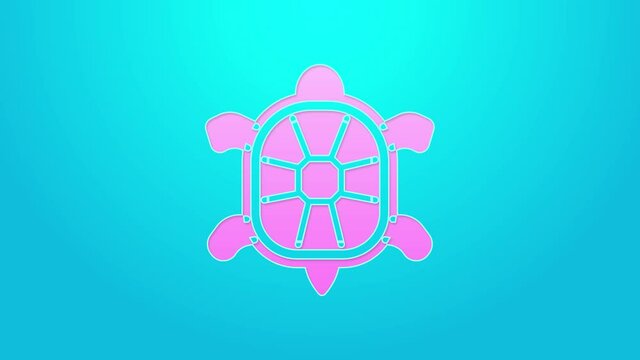 Pink line Turtle icon isolated on blue background. 4K Video motion graphic animation