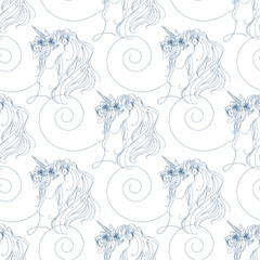 Seamless pattern of silhouette of a unicorn head in a wreath of flowers. Dark outline on a white background.