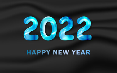 3D ice blue 2022 holiday decoration on grey background. Merry Christmas or happy new year design. Greeting vector card, banner, celebration concept with metallic bl ue text. Invitation mock up